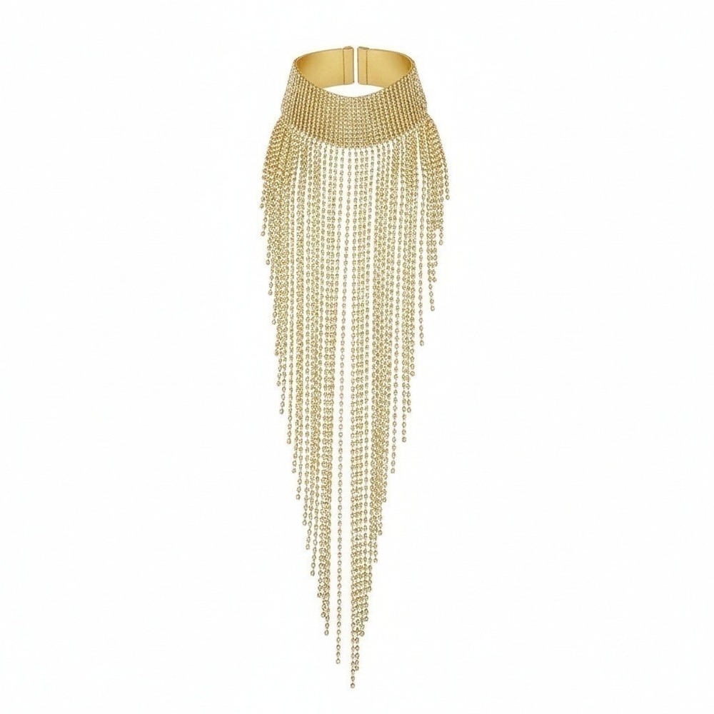 New Rhinestone Gold Waterfall Tassel Choker Necklace Sparkling Statement‎